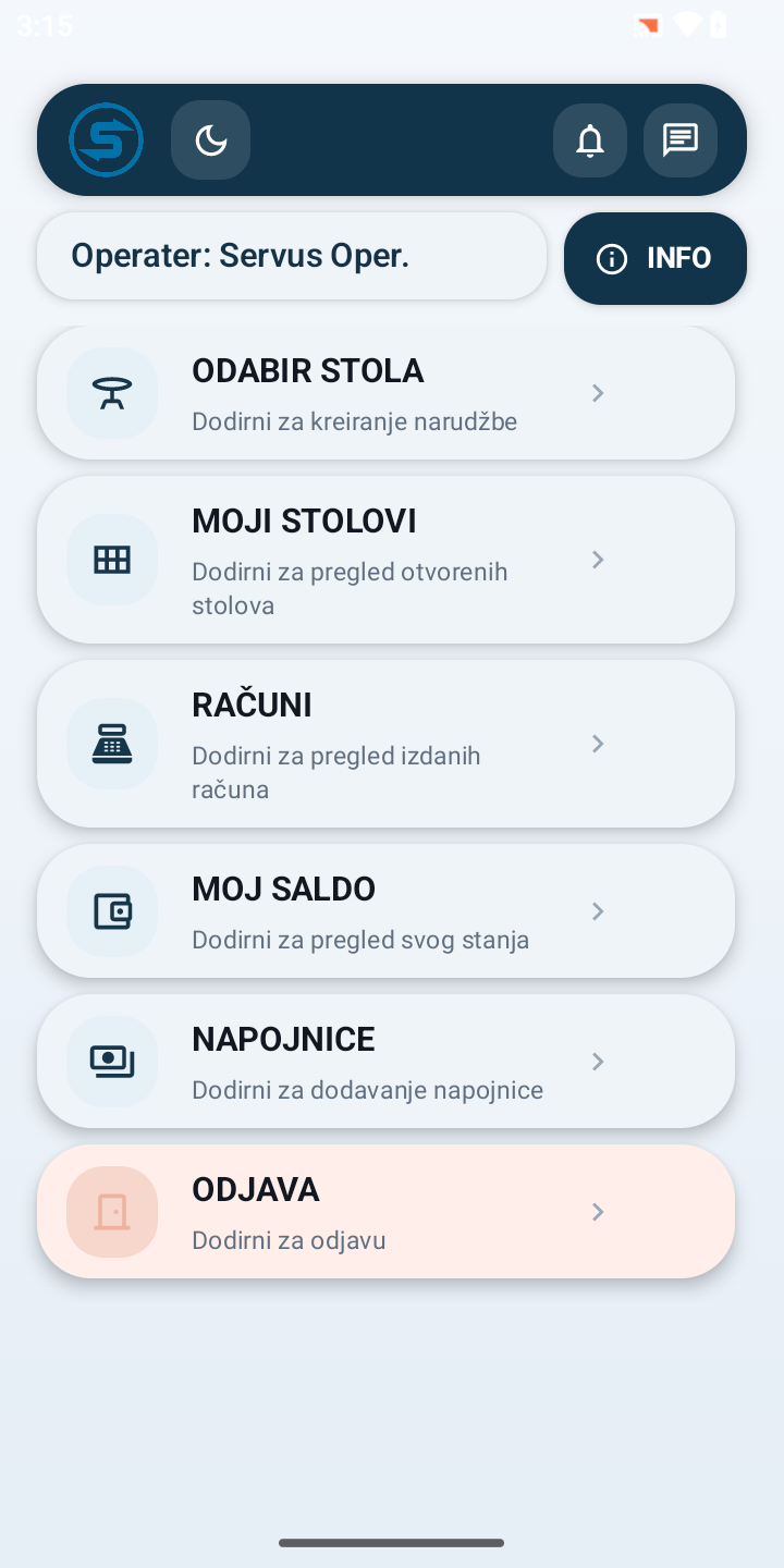 Serv.Us RT Plus — glavni izbornik s odabirom stola, mojim stolovima, računima, saldom i napojnicama