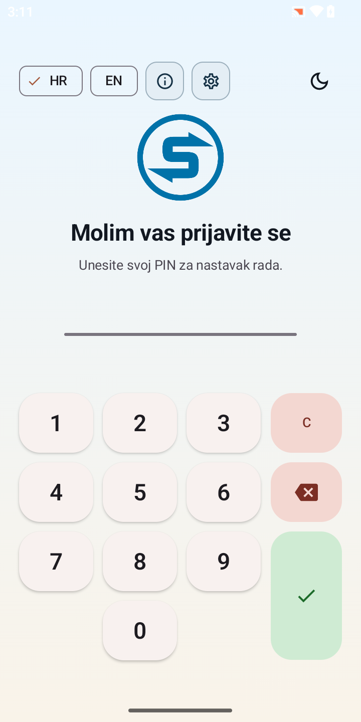 Serv.Us RT Plus — prijava konobara PIN-om