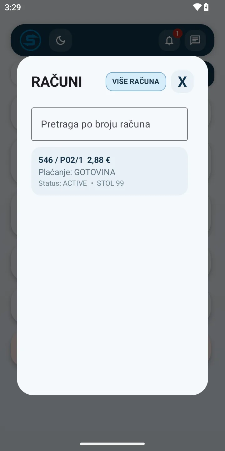 Serv.Us RT Plus — pregled izdanih računa konobara