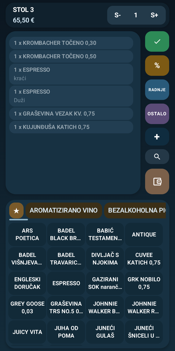 Serv.Us RT Plus — otvoreni stol s upisanom narudžbom, stavkama i brojačem gostiju