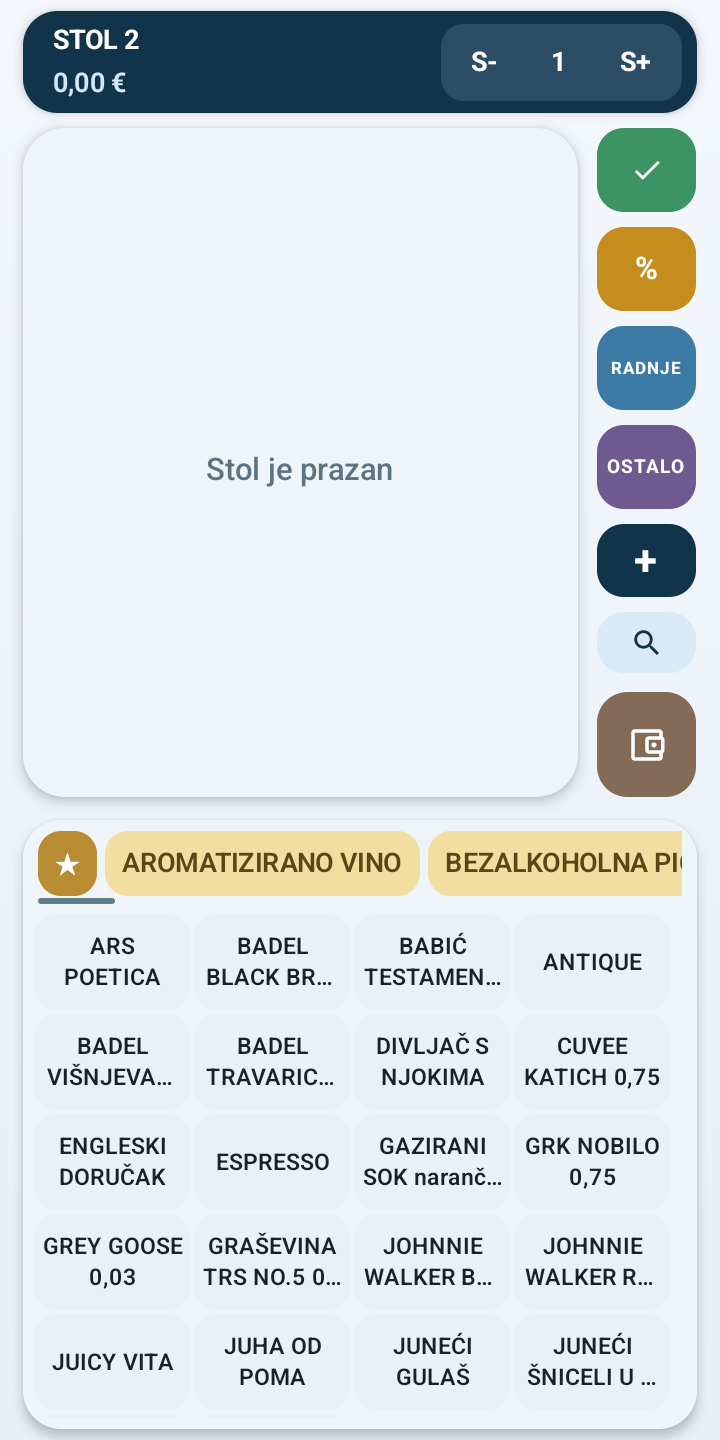 Serv.Us RT Plus — otvoreni stol s kategorijama artikala i brojačem gostiju